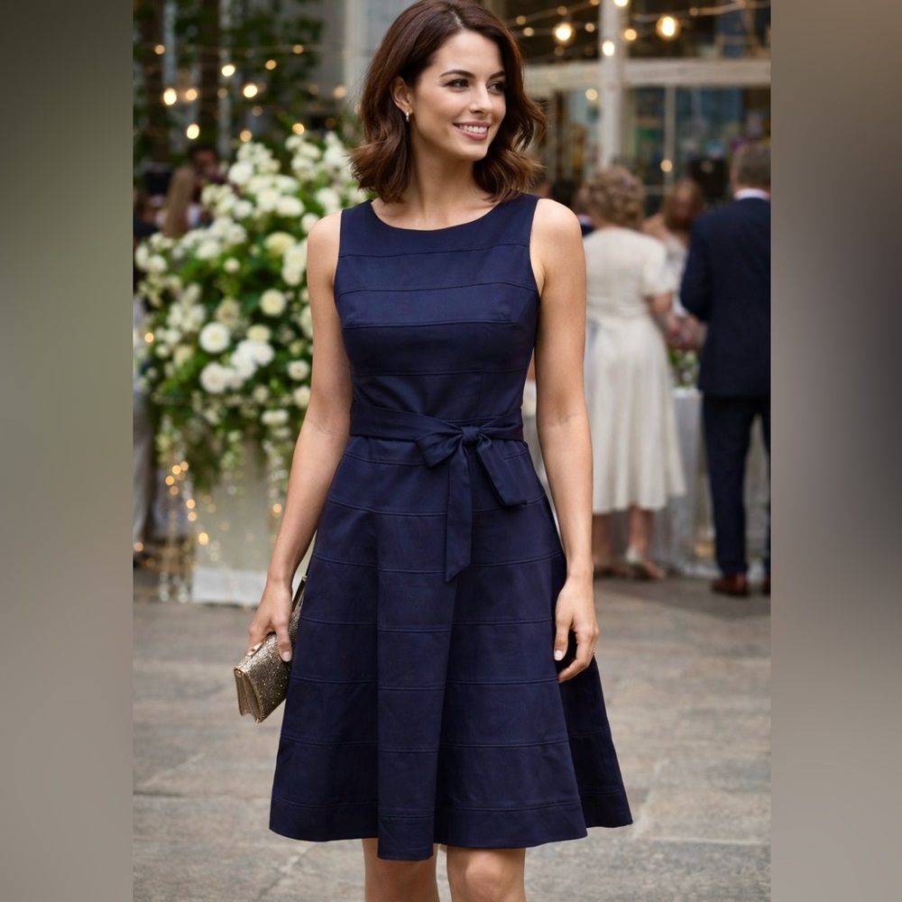 Calvin Klein Navy Fit & Flare Dress Size 8 Cotton Stretch Waist Tie Lined EUC!
